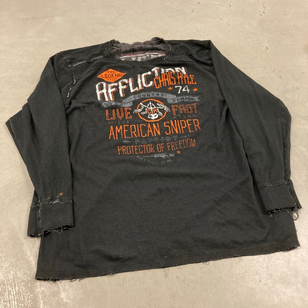 Y2K American sniper thrashed affliction thermal t-shirt